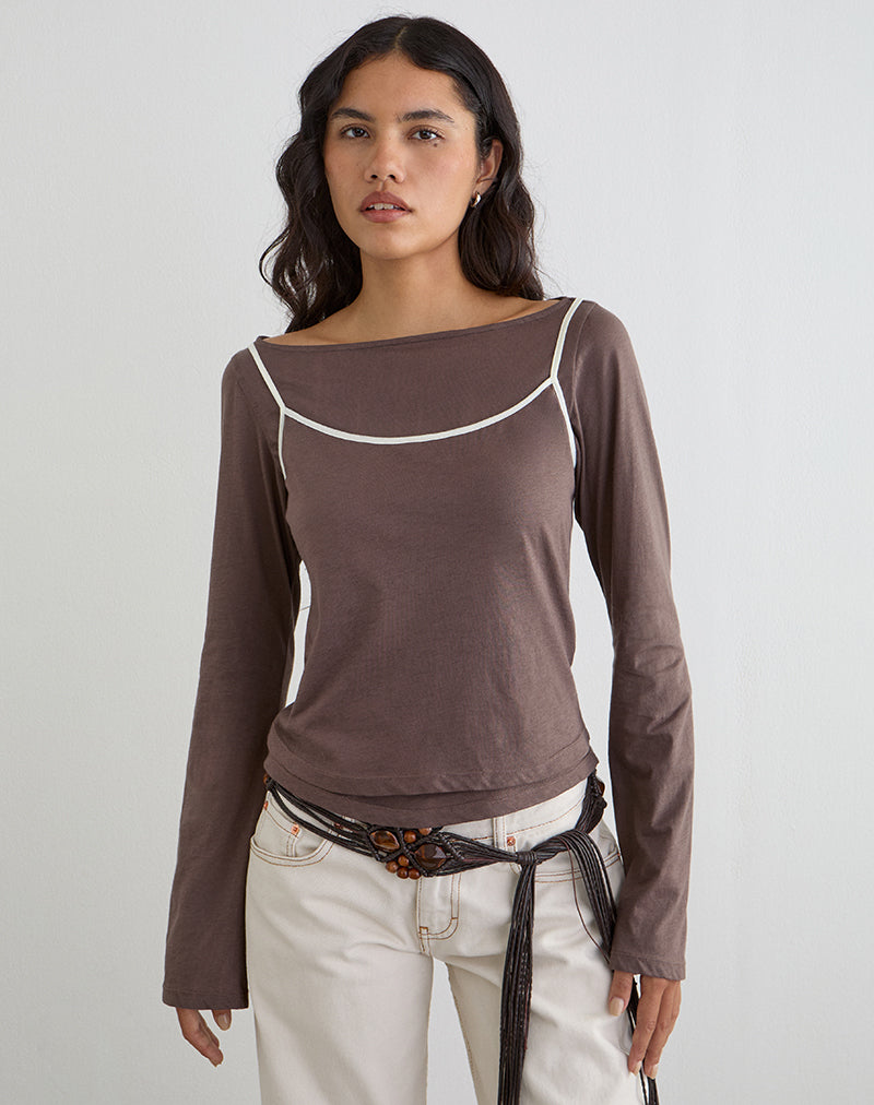 Image of Laken Long Sleeve Top in Walnut with Vanilla Ice Binding