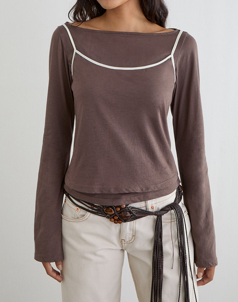 Image of Laken Long Sleeve Top in Walnut with Vanilla Ice Binding