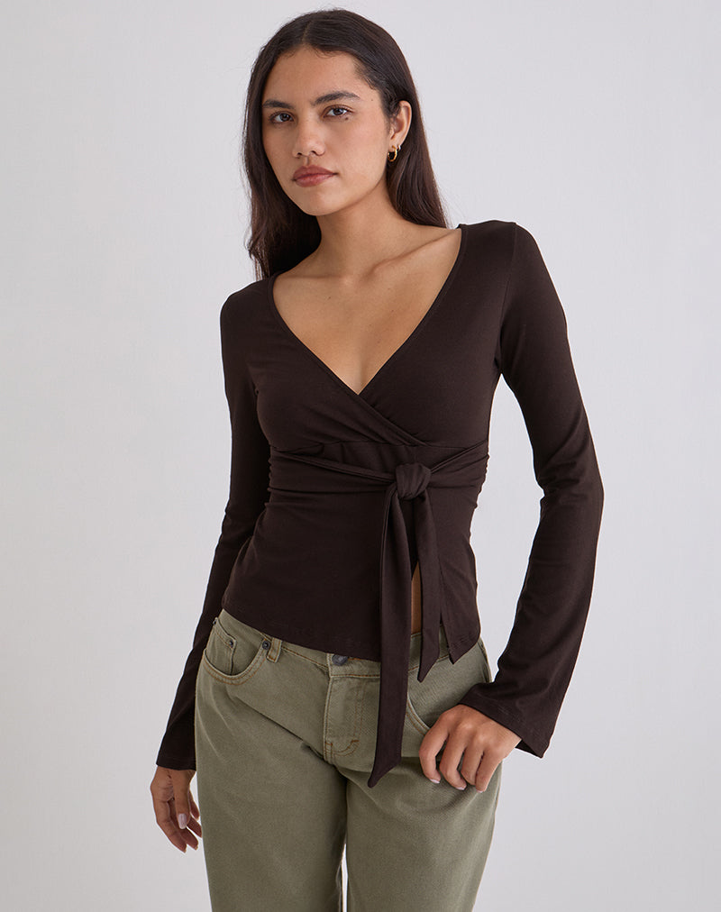 Bitter Chocolate Wrap Plunge Long Sleeve Top | Lamae – motelrocks