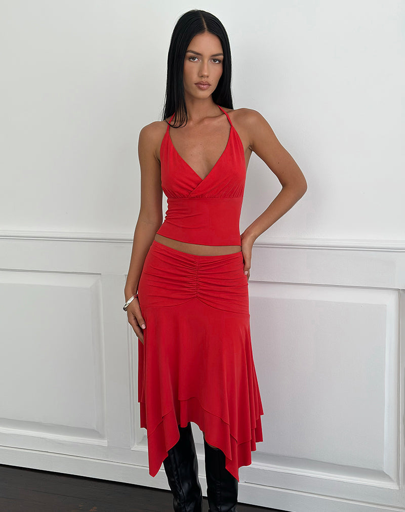 Image of Samaria Gathered Midi Skirt in Cupro Red
