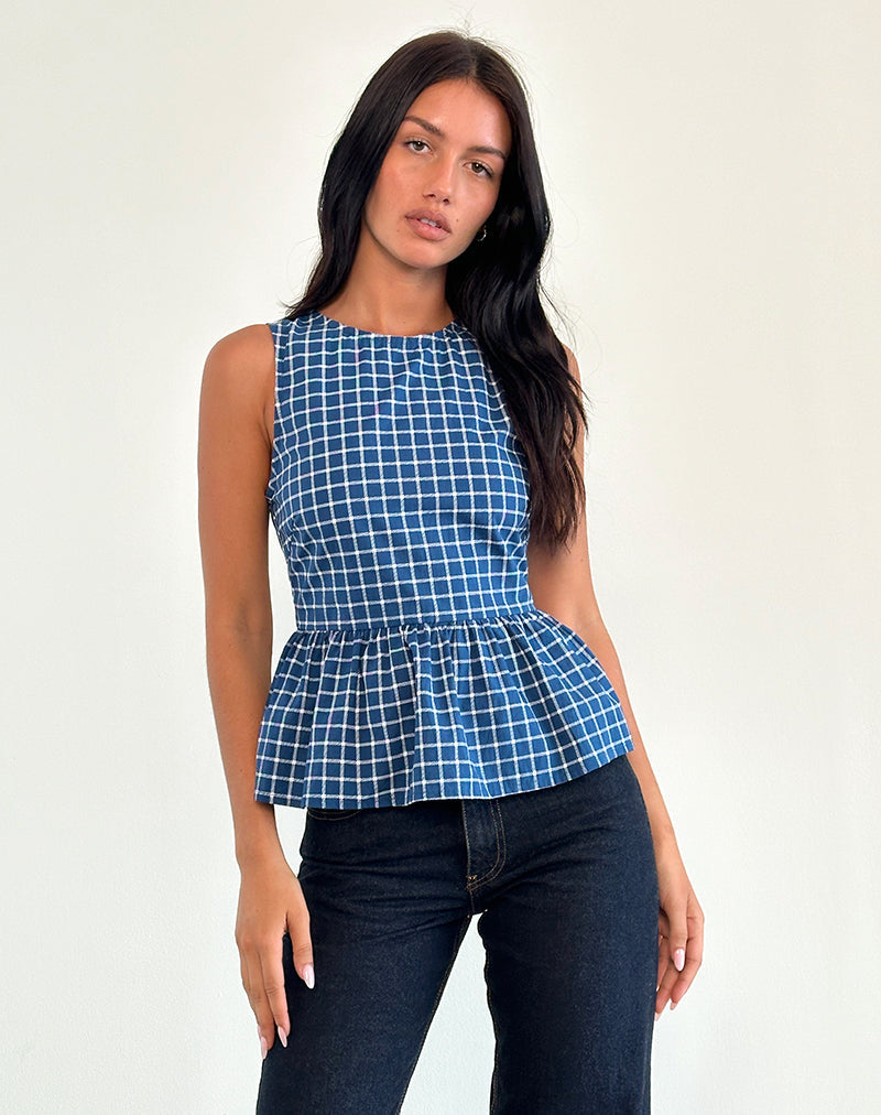 Lanzo Tie Back Top in Poplin Navy Tartan