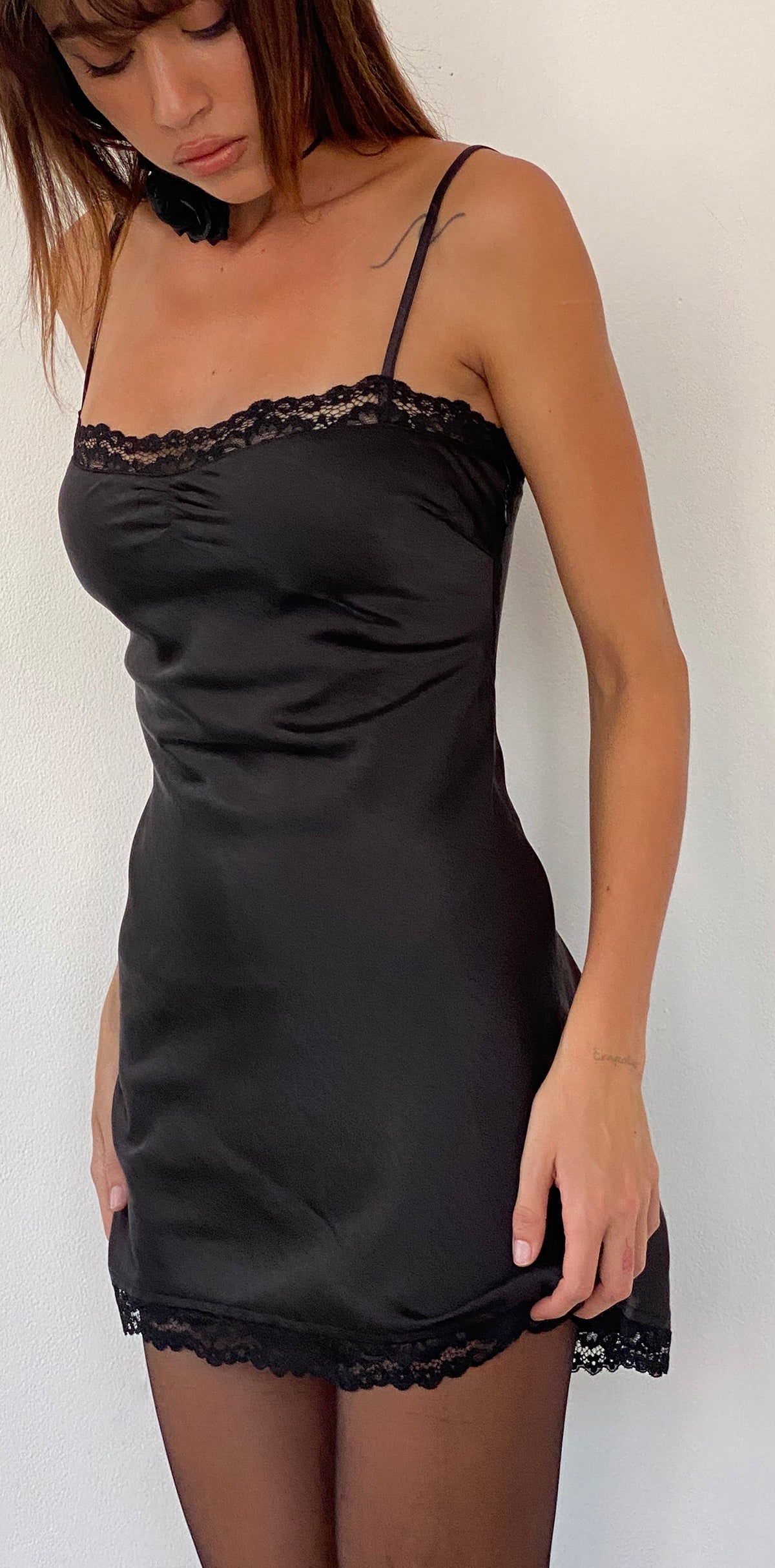 Elara | Black Satin Plunge-Neck Mini Dress