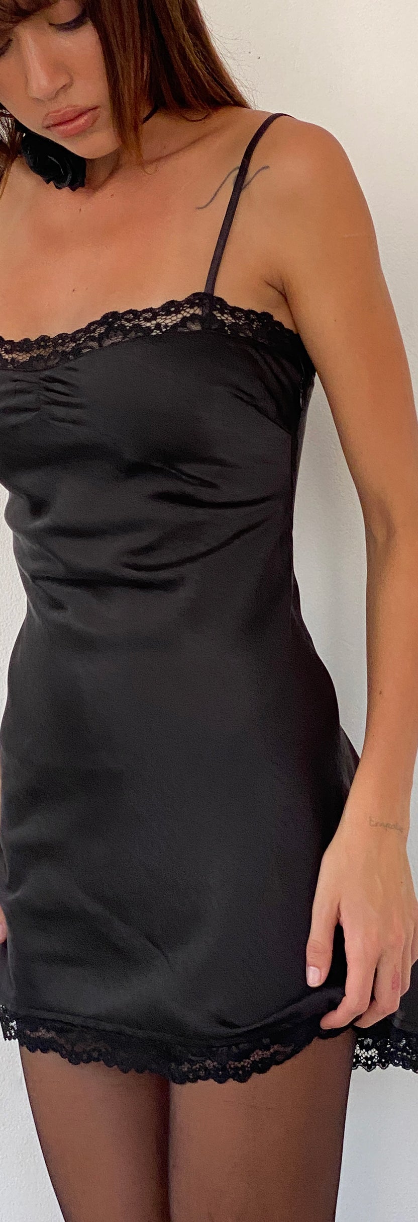 Black Lace Trim Satin Mini Dress | Larna – motelrocks-com-us
