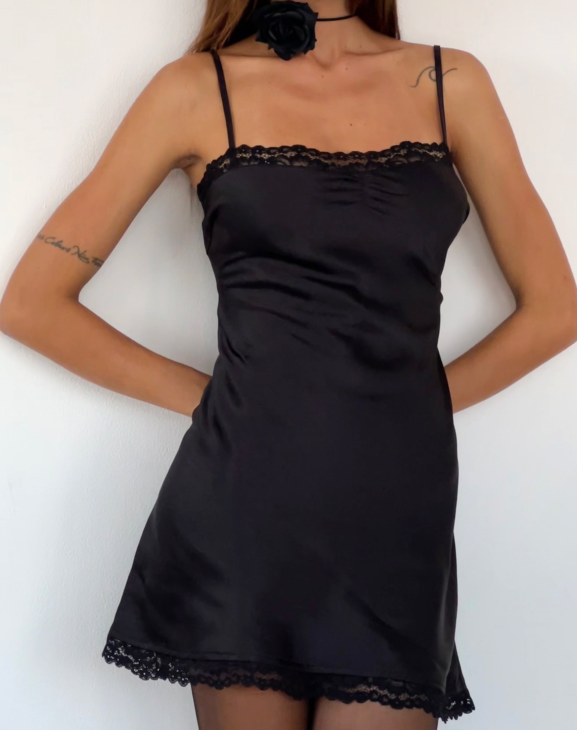 Black Lace Trim Satin Mini Dress