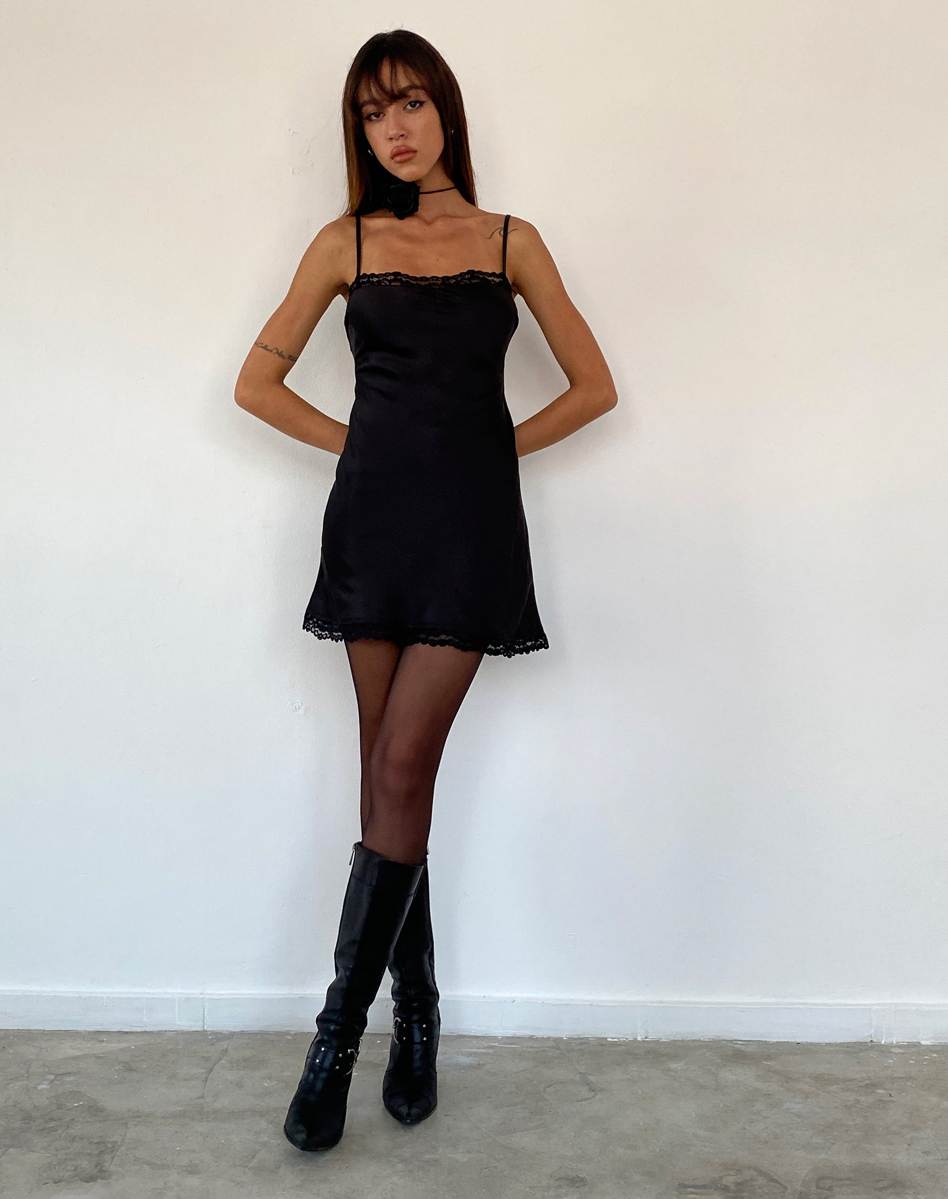Larna Lace Trim Satin Mini Dress in Black