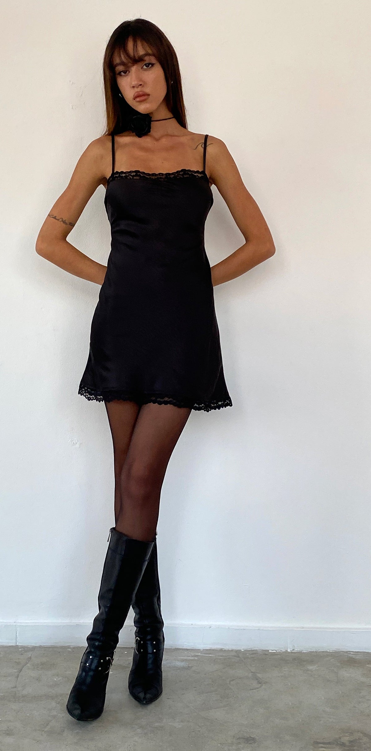 Black Lace Trim Satin Mini Dress