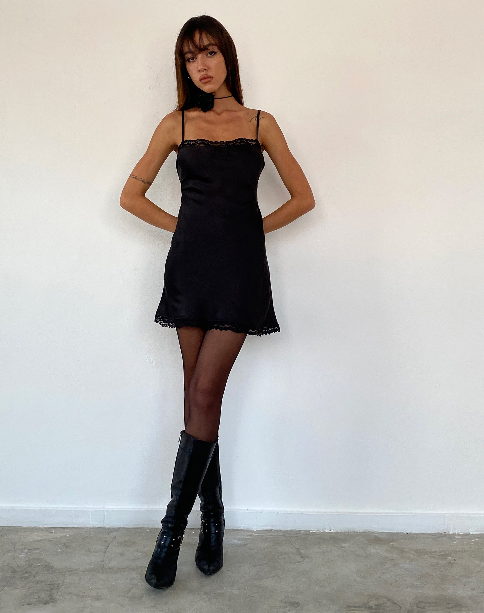 Black Lace Trim Satin Mini Dress | Larna motelrocks-com-us Black Lace Trim Satin Mini Dress | Larna motelrocks-com-us