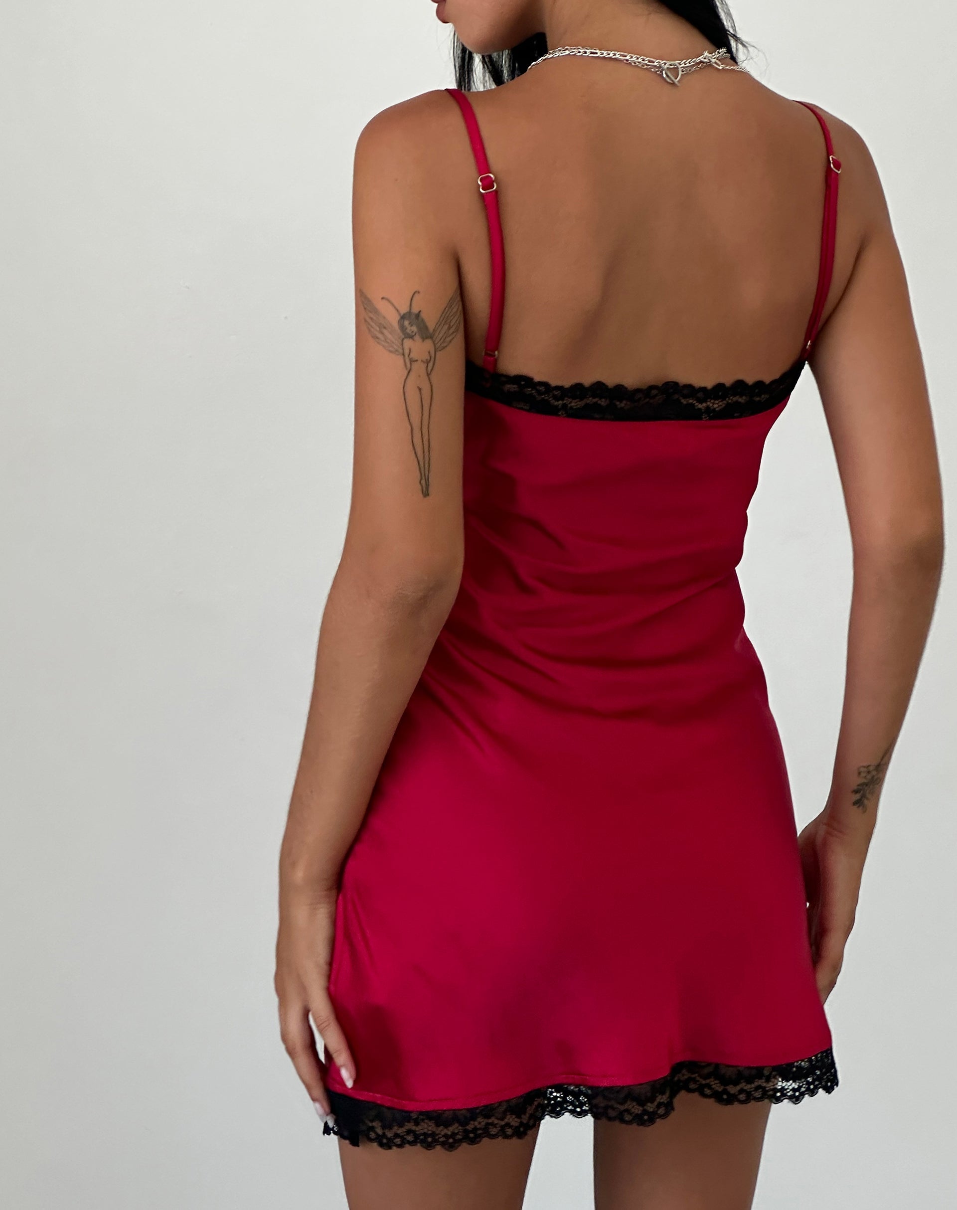 Larna Satin Mini Dress in Red with Black Lace Trimming Larna Satin Mini Dress in Red with Black Lace Trimming