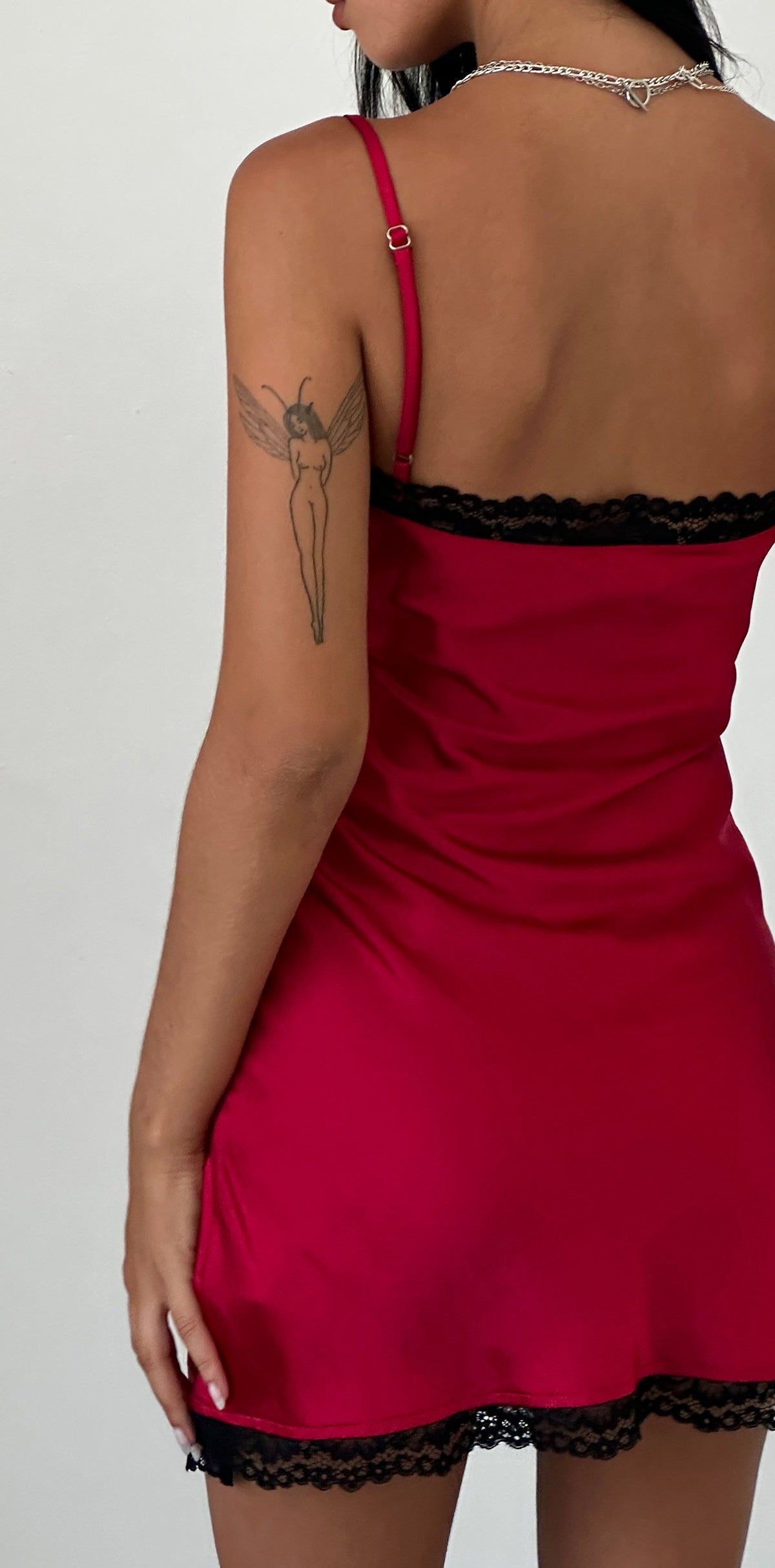 Red with Black Lace Trimming Satin Mini Dress