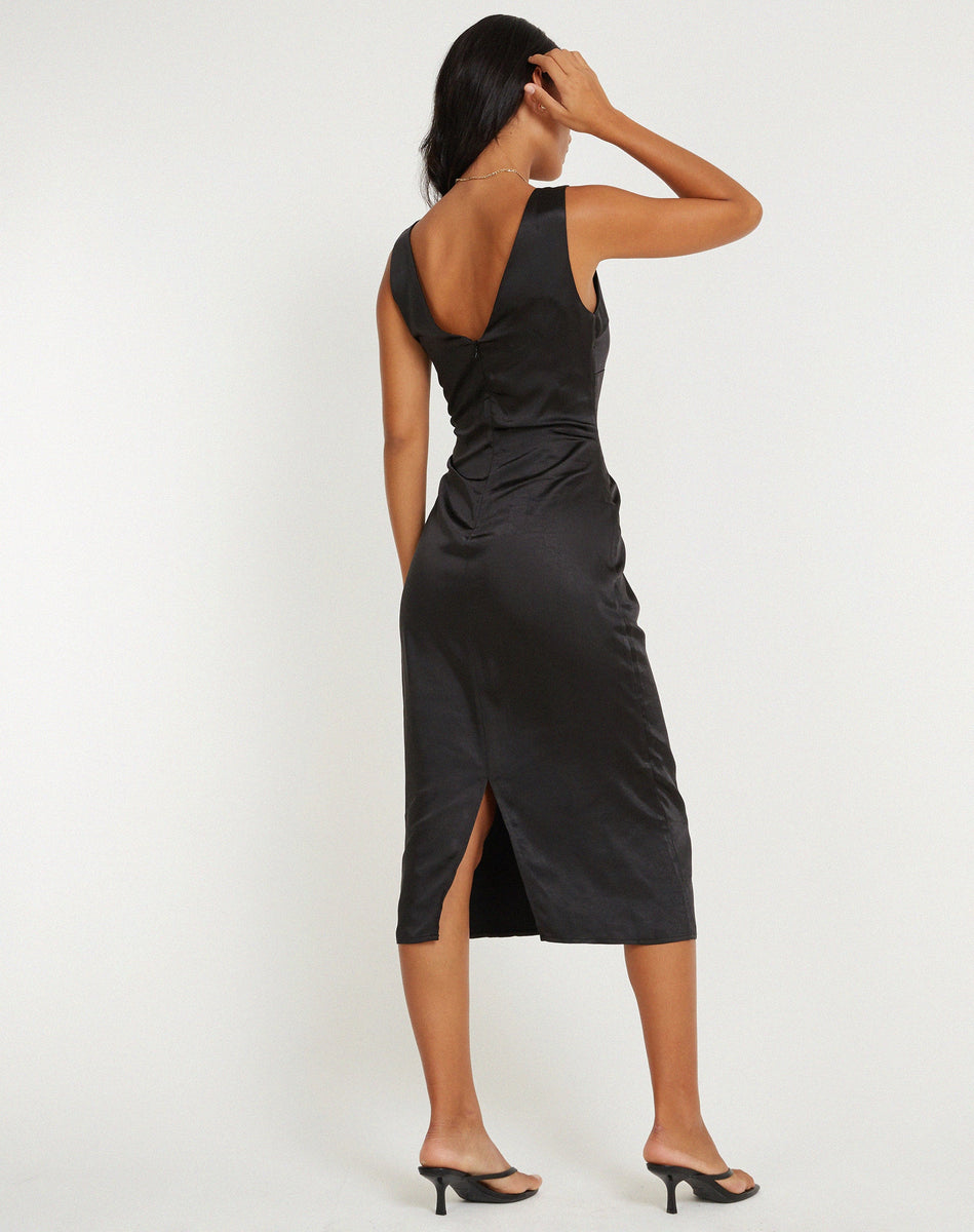 Black Plunge Neckline Tie Detail Midi Dress | Lasanda – motelrocks-com-us