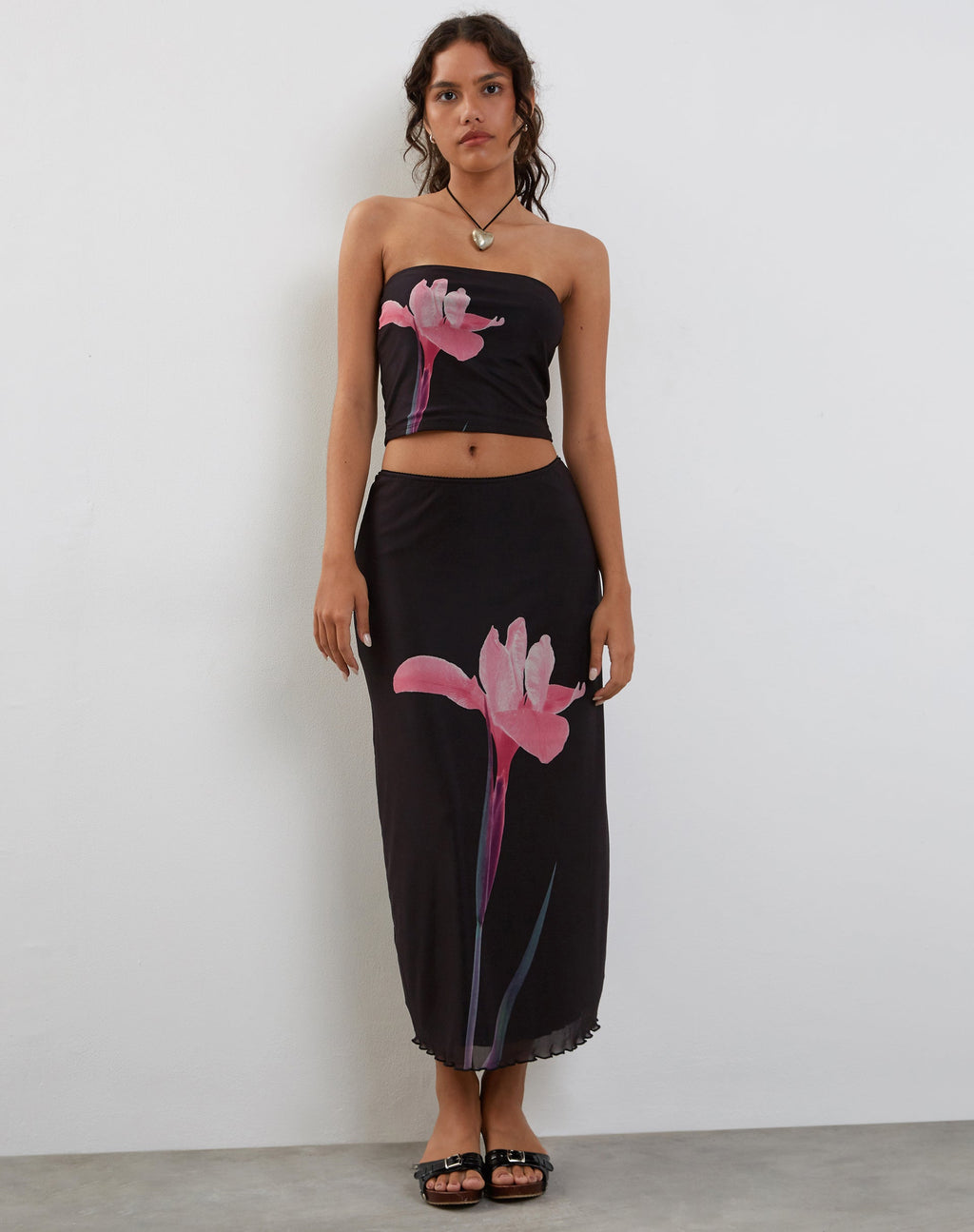 Shae Bandeau Top in Black with Pink Flower Placement