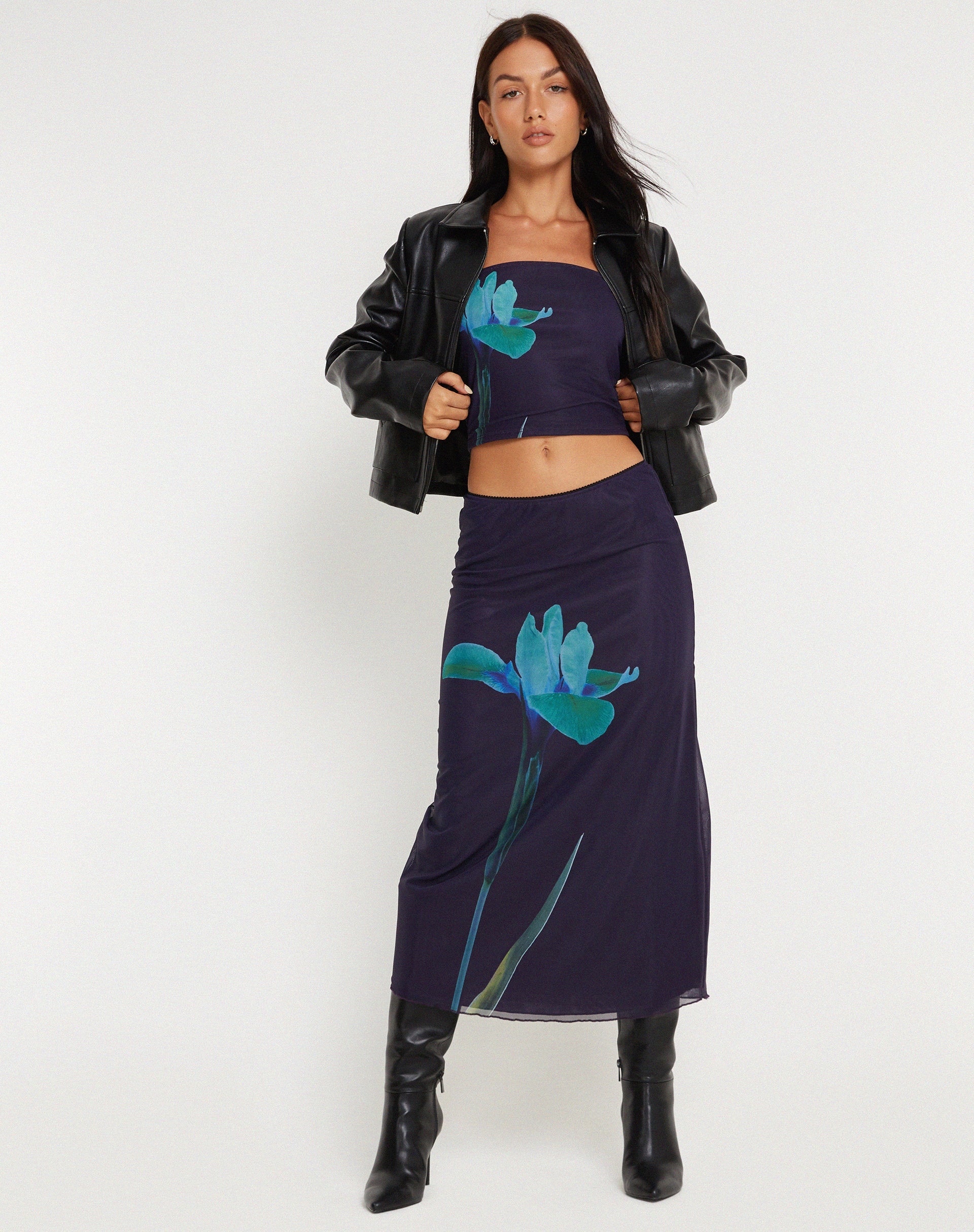 Navy Floral Print Midi Skirt | Lassie – motelrocks-com-us