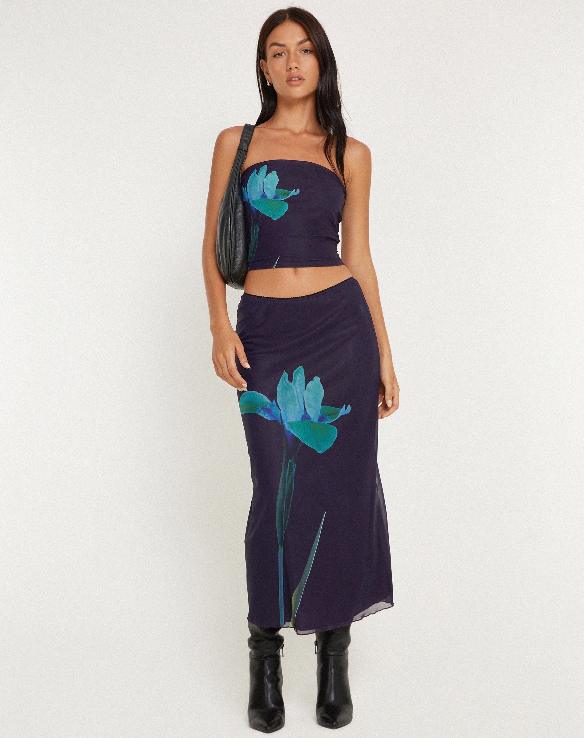Navy Floral Print Midi Skirt | Lassie – motelrocks-com-us