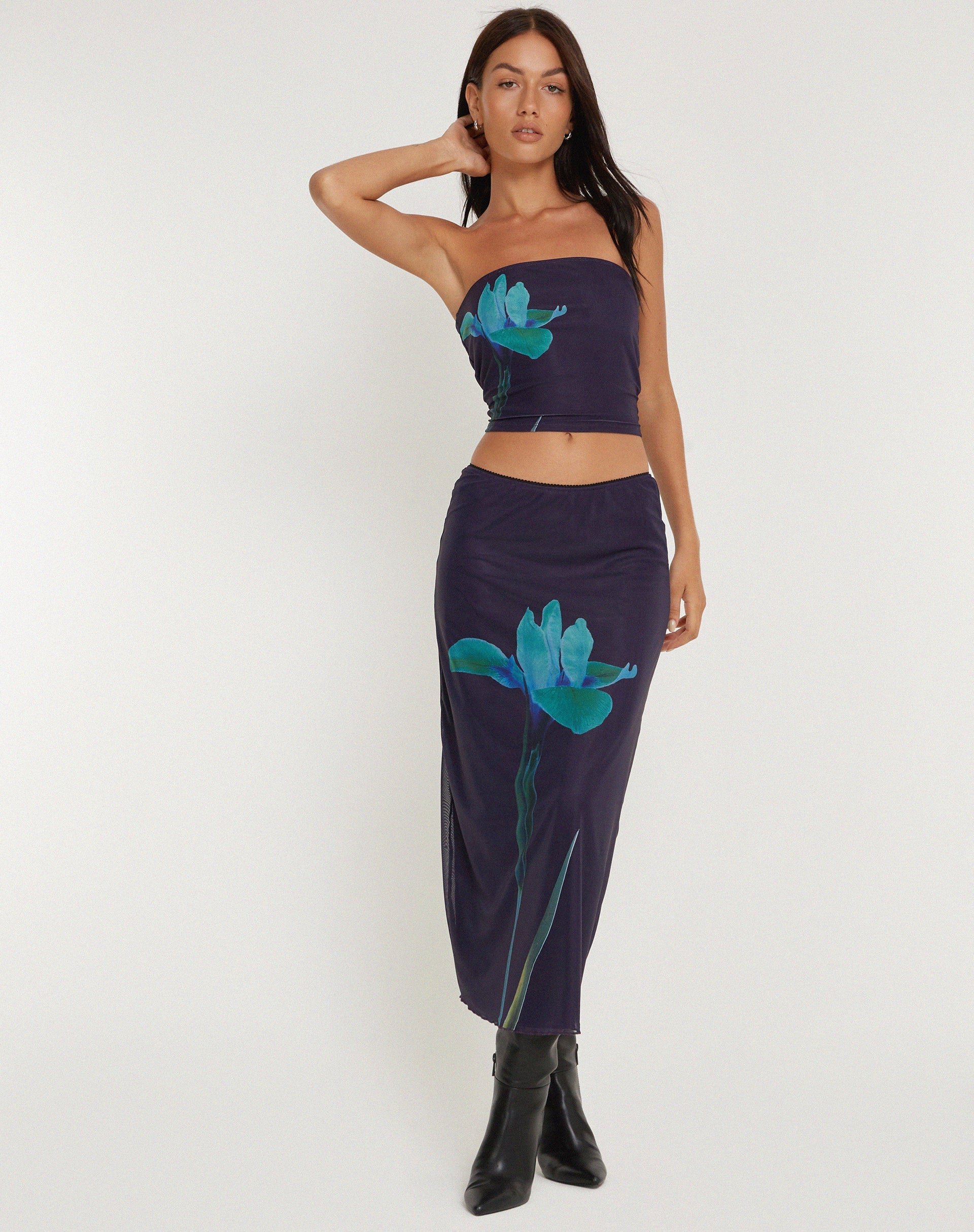 Navy Floral Print Midi Skirt | Lassie – motelrocks-com-us