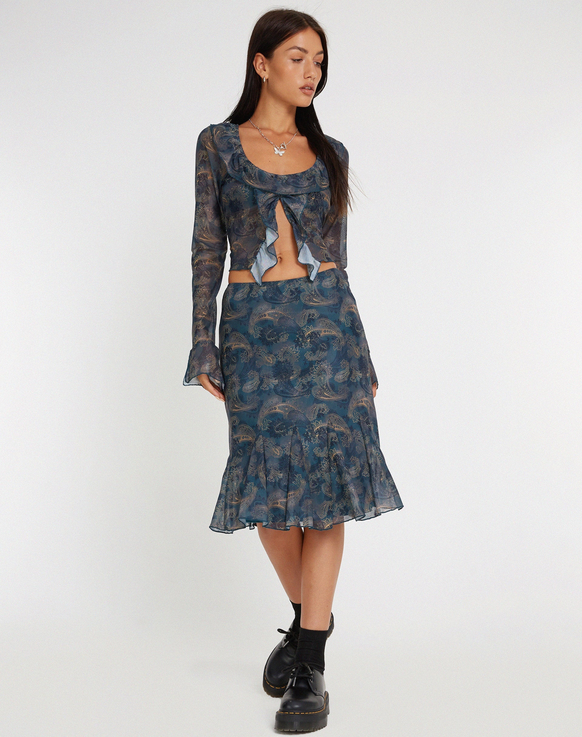 image of Latrix Mesh Midi Skirt in Tonal Blue Paisley