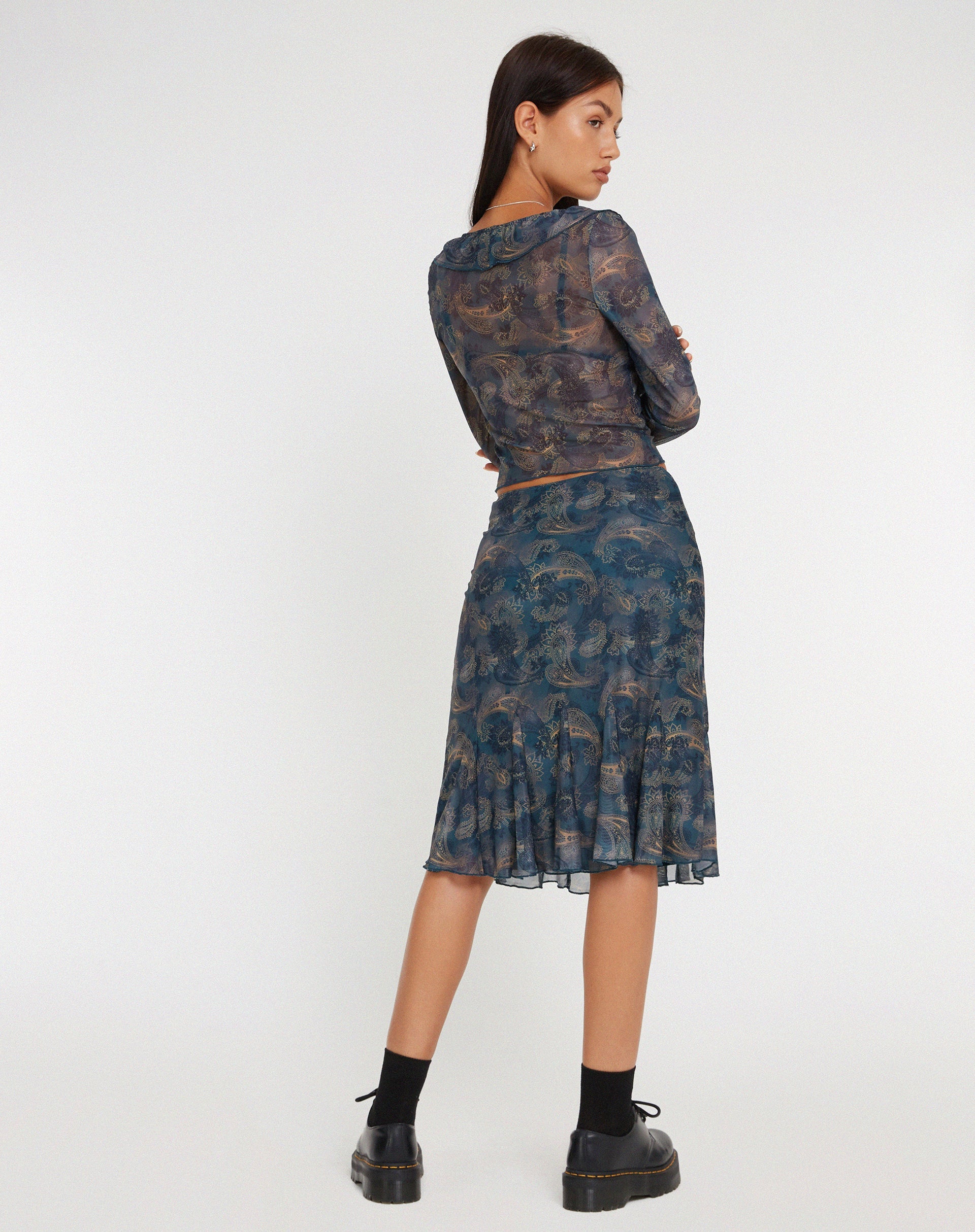 image of Latrix Mesh Midi Skirt in Tonal Blue Paisley