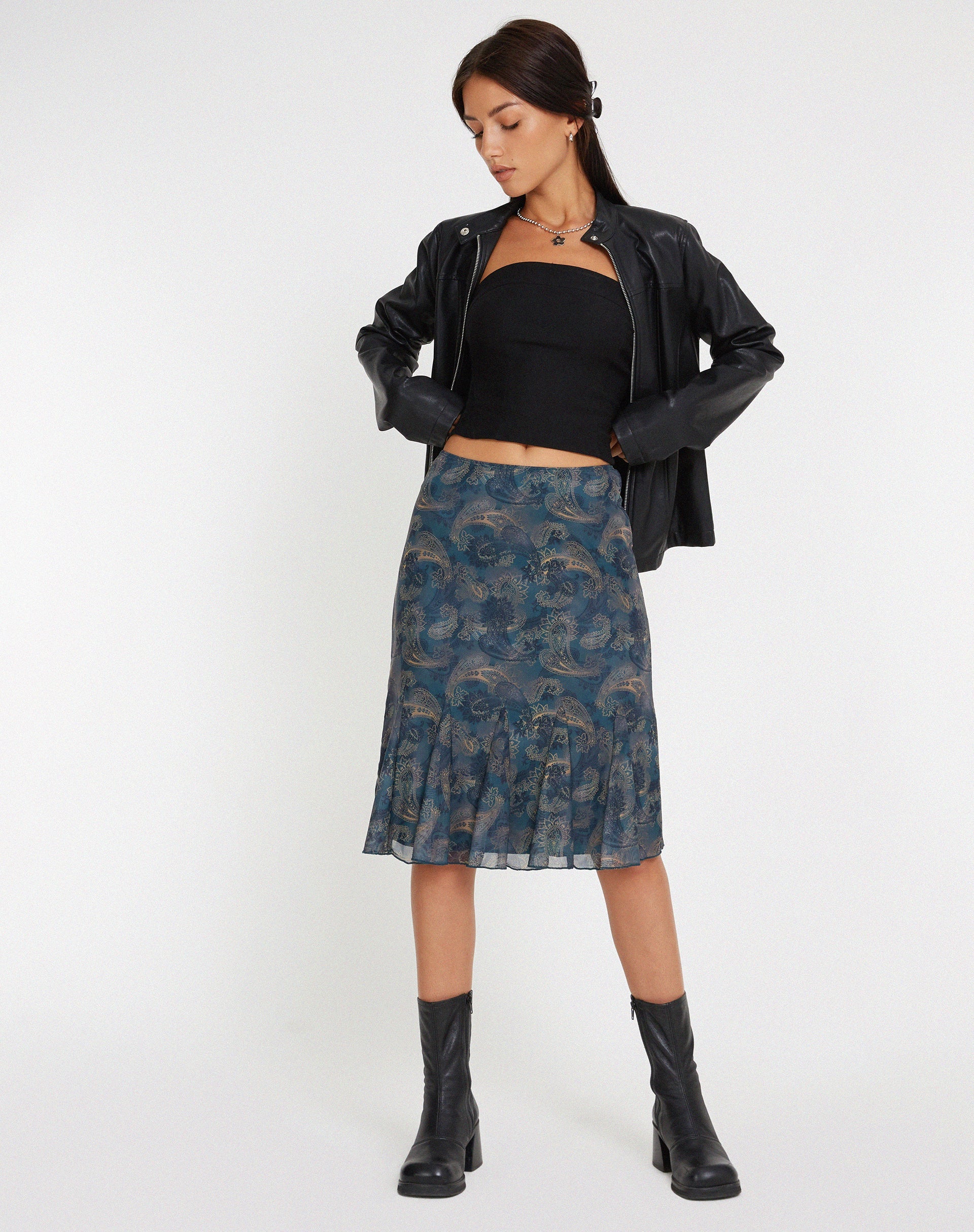 image of Latrix Mesh Midi Skirt in Tonal Blue Paisley