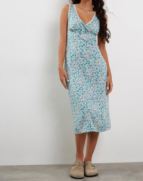 lavisha midi dress in antique blue and ivory floral Flower Power Blue Midi Dress