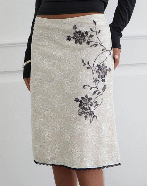 Ivory Lace with Black Vine Print Low Rise Midi Skirt | Laykha