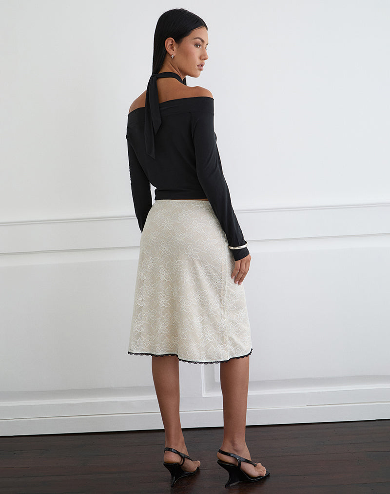 Ivory Lace with Black Vine Print Low Rise Midi Skirt | Laykha