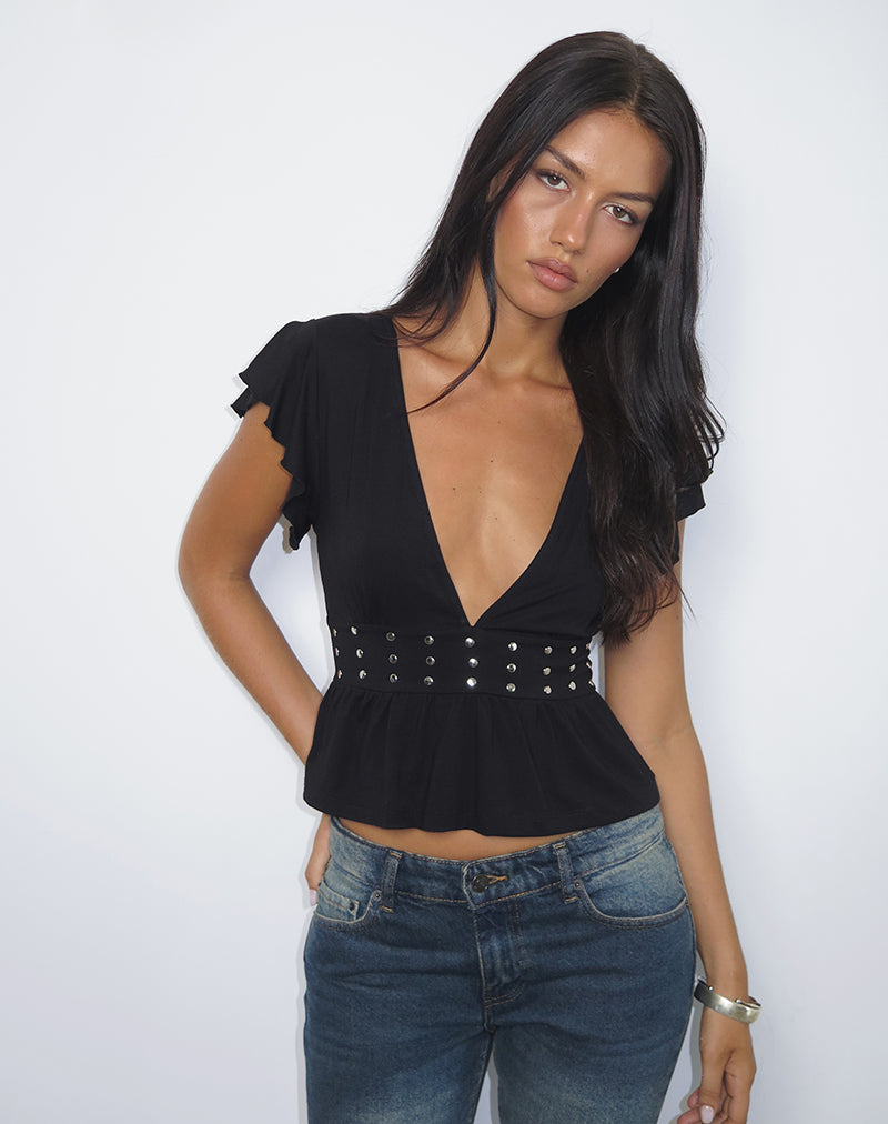 Image of Leisma Frill Top in Jersey Black with Studs