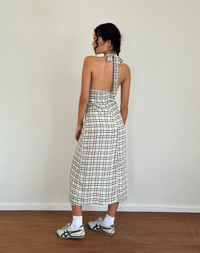 Image of Lenata Halterneck Midi Dress in Pastel Blue Tartan