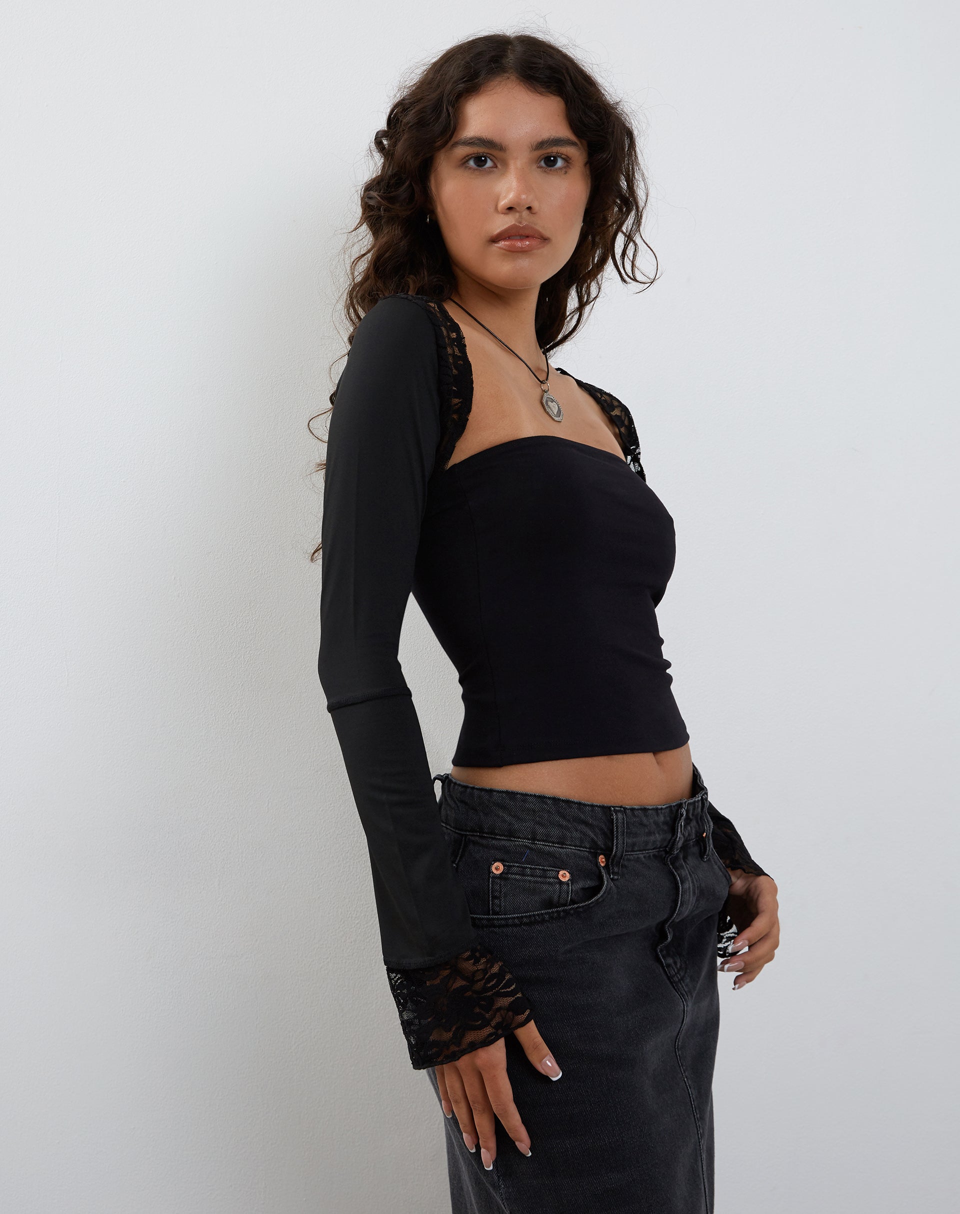 Black with Black Lace Trim Slinky Lace Shrug Top | Lenny