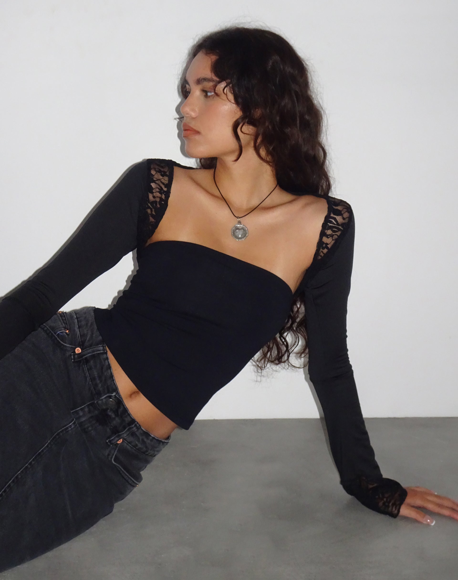 Lenny Lace Shrug Top in Slinky Black with Black Lace Trim Lenny Lace Shrug Top in Slinky Black with Black Lace Trim