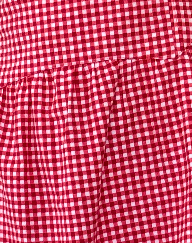 motel rocks red gingham dress Delphine Mini Cami Dress in Mini Gingham Wine with White Lace