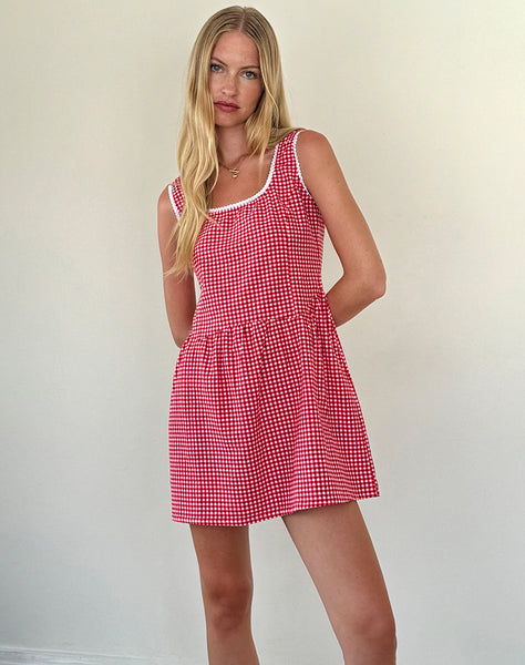 Leshi Mini Dress in Red Gingham , Scoop Neckline Leshi Mini Dress in Red Gingham , Scoop Neckline