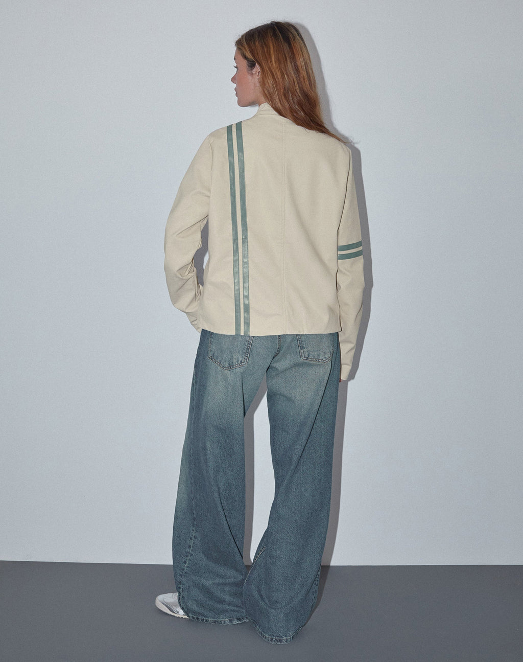 Lewis Jacket in Cream PU with Blue Stripe