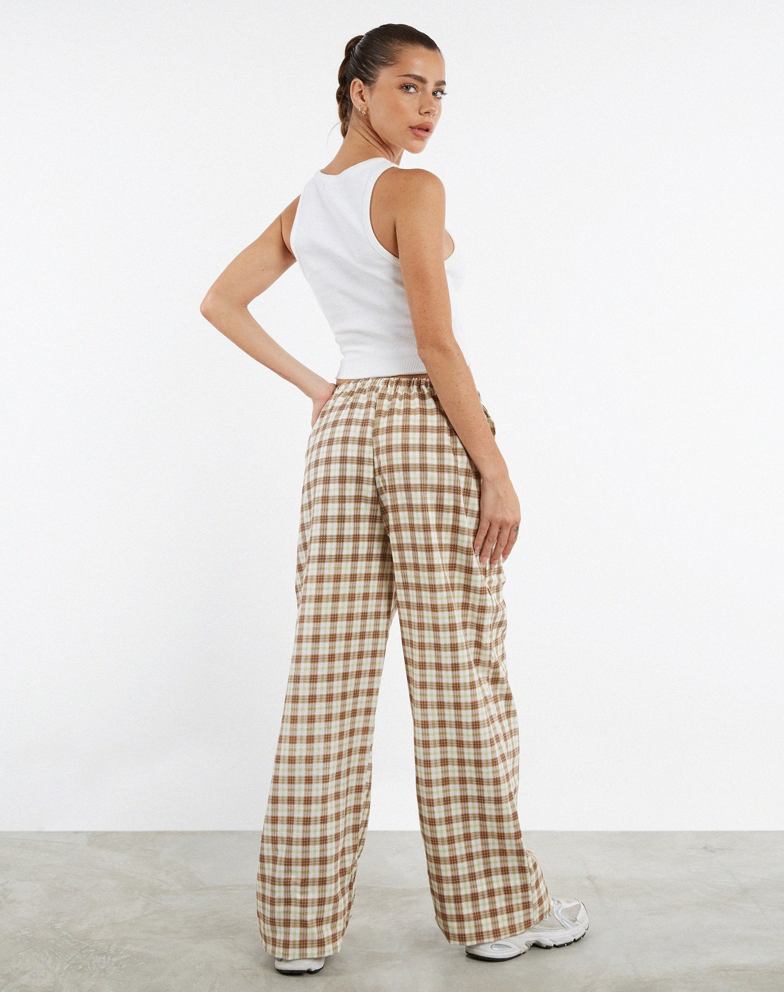 Yellow and Brown Check Print Wide Leg Trousers | Lirura