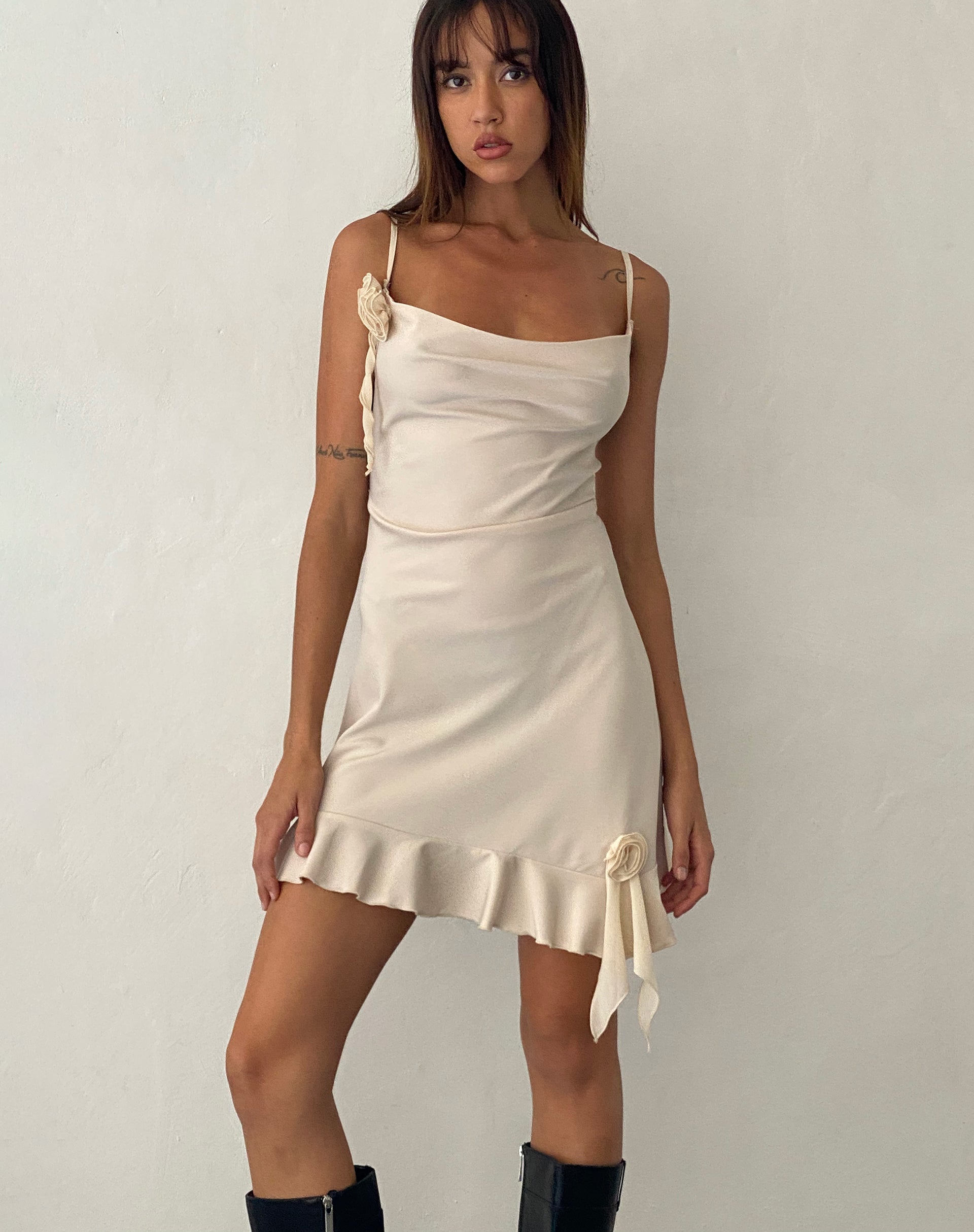 Litera Ruffle Rosette Mini Dress in Cream Litera Ruffle Rosette Mini Dress in Cream