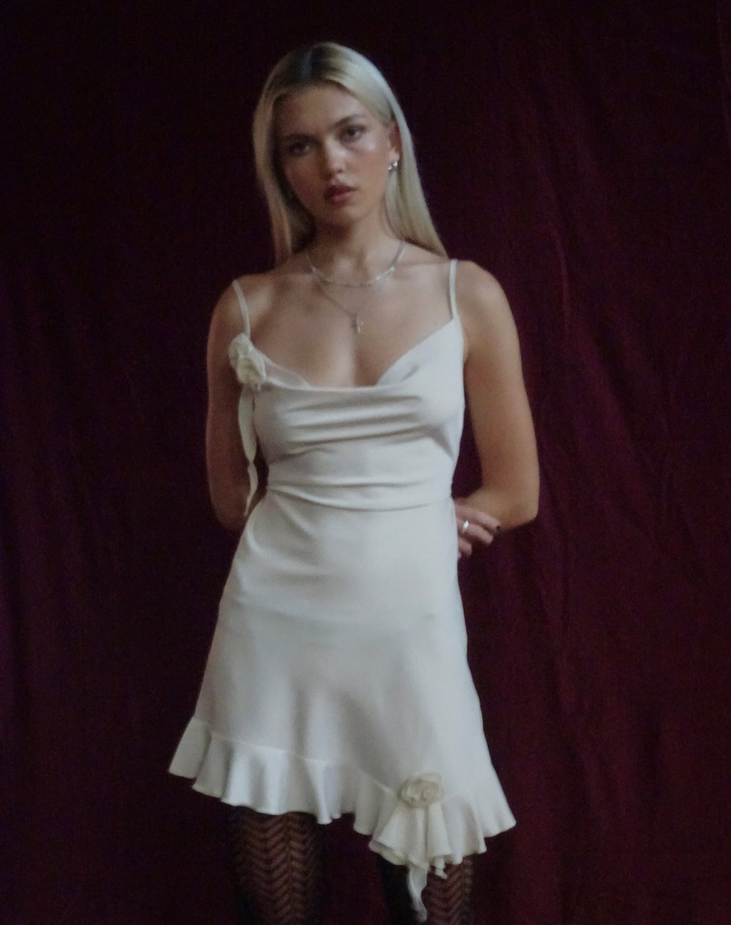 Litera Ruffle Rosette Mini Dress in Cream