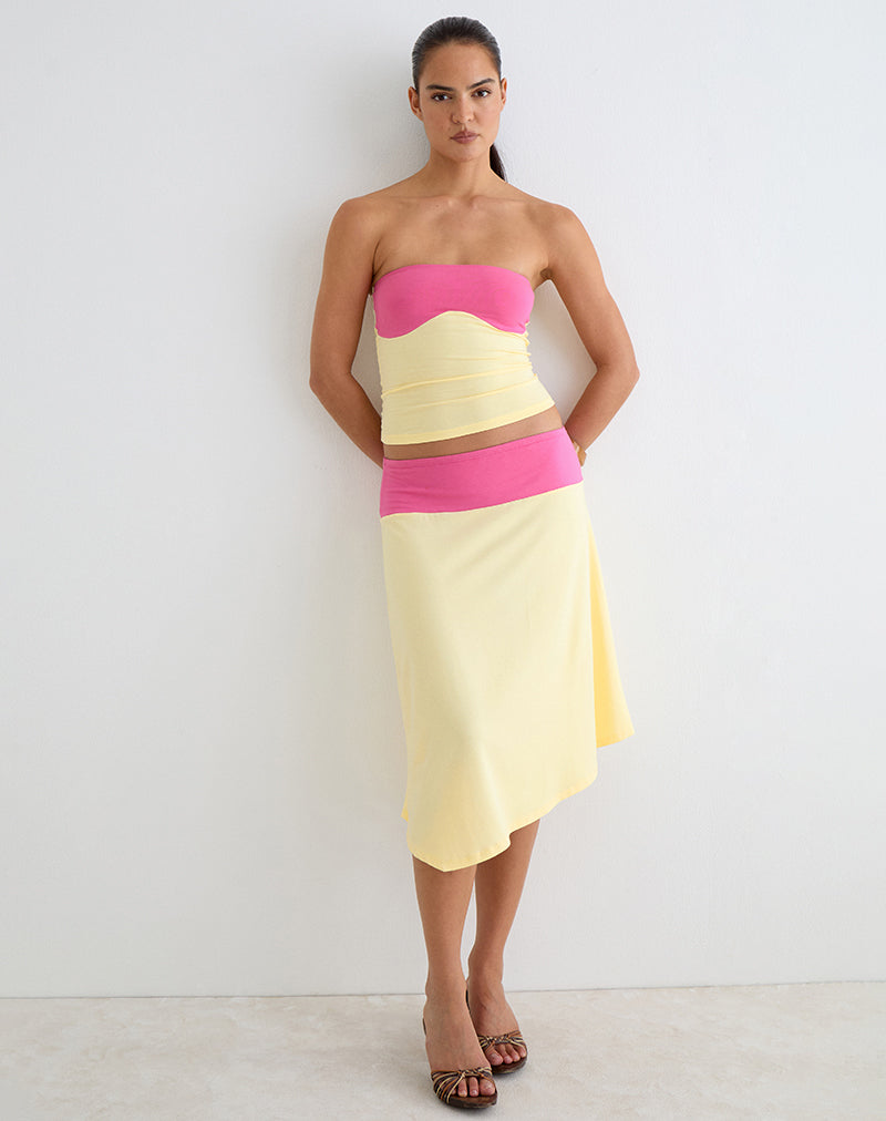 Soli Midi Skirt in Rayon Jersey Lemon Yellow and Deep Pink