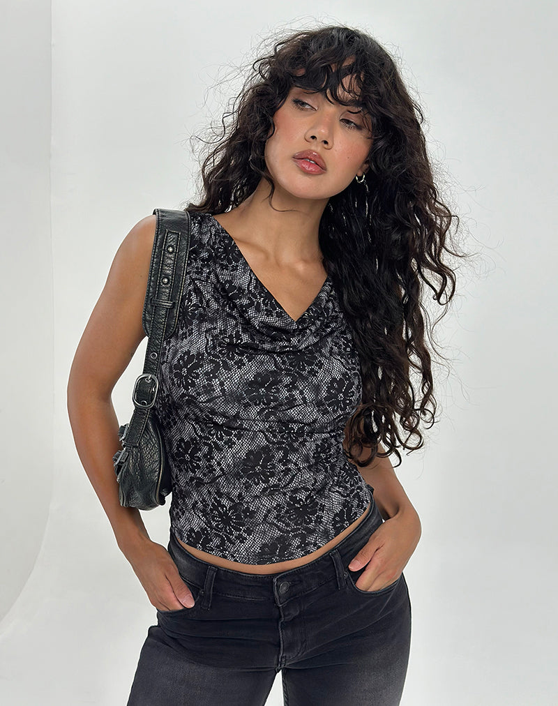 Lizette Cowl Neck Top in Midnight Floral Grey