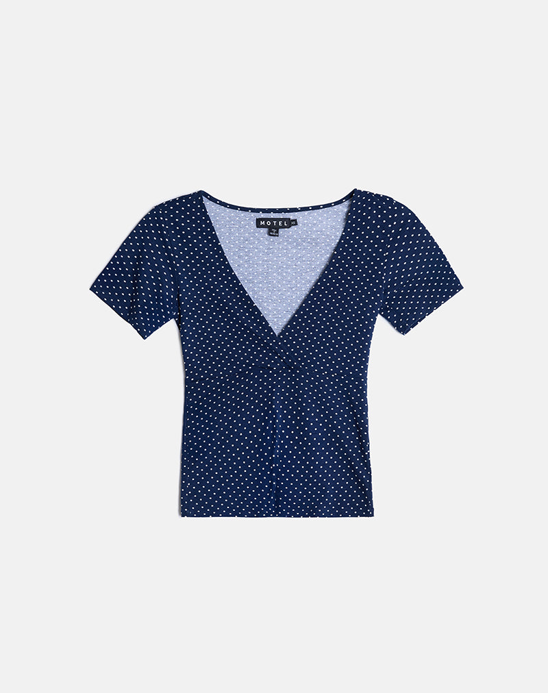 Navy Blue Micro Polka Dot V Neck Crossover Top | Lobos