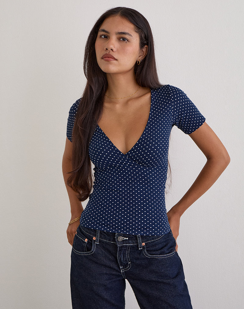 トップス Ans dotsloevner Shoulder Tops Navy pico Navy Blue Micro Polka Dot V Neck Crossover Top | Lobos