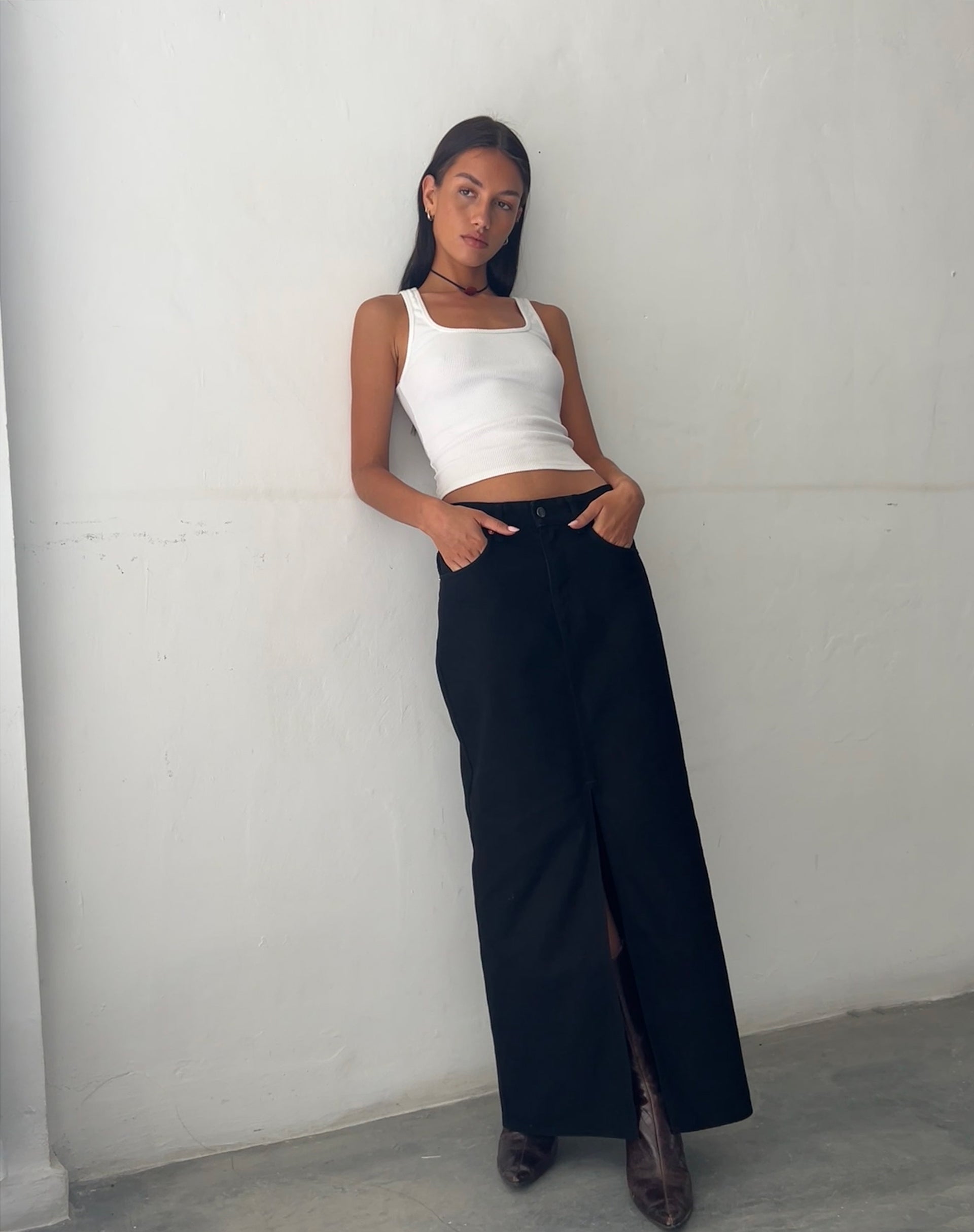 image of Low Rise Denim Maxi Skirt in Rinse Black