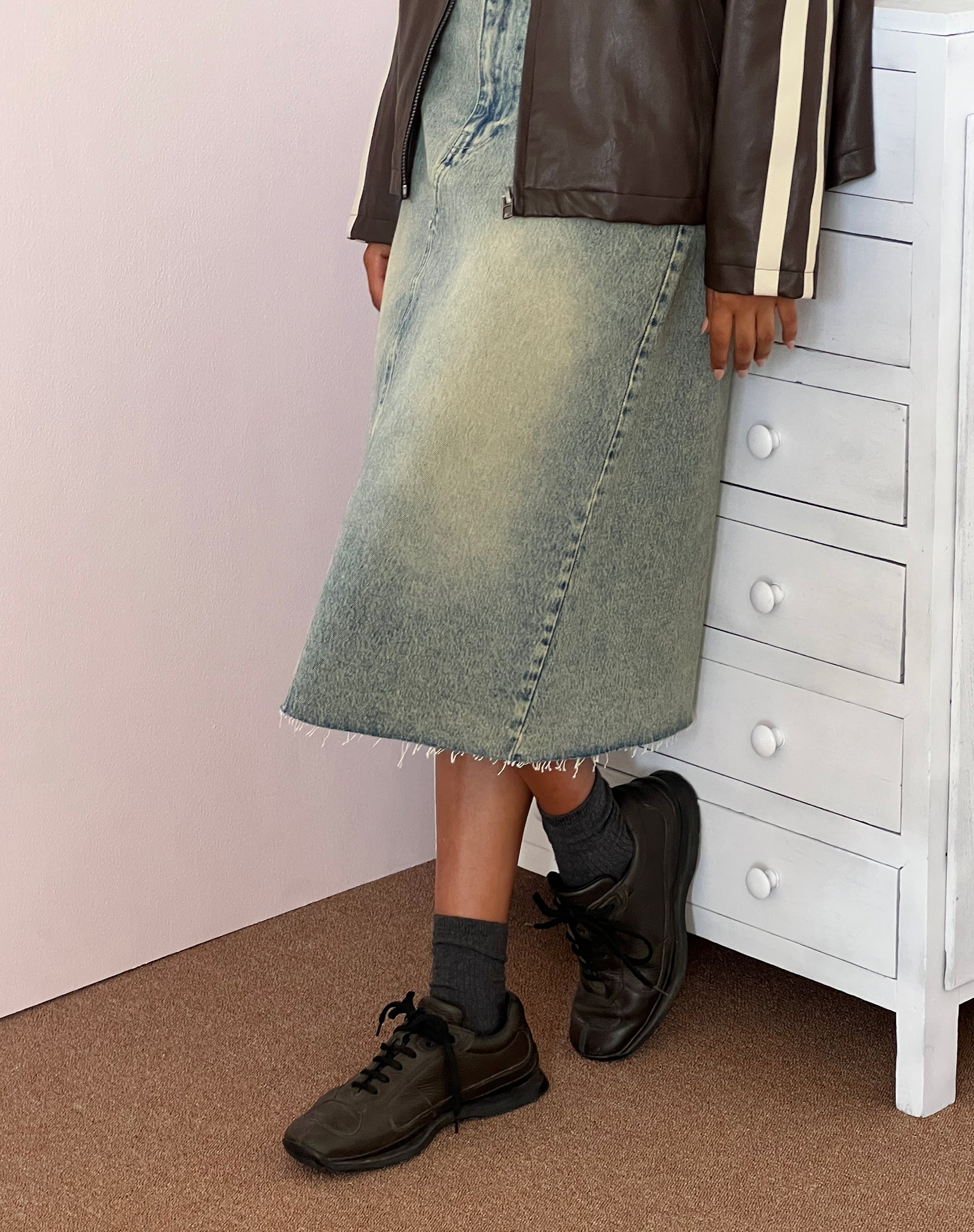 Image of Low Rise Denim Midi Skirt in Light Blue Sand