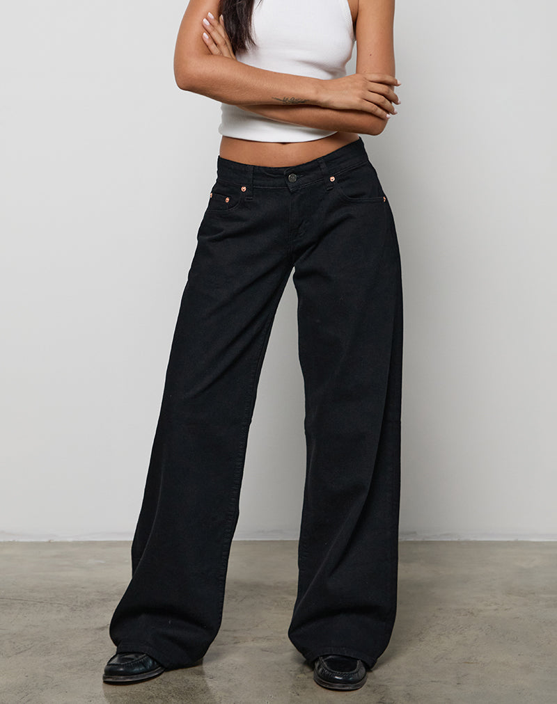 Black Rinse Wide Leg Low Rise Jeans | Roomy – motelrocks-com-us