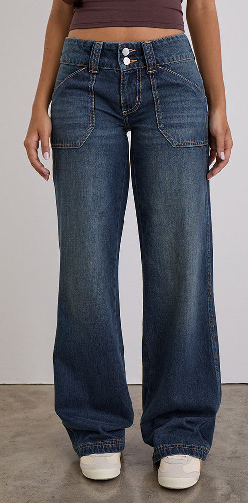 Image of Low Rise Relaxed Cargo Jeans in Mid Blue Tint