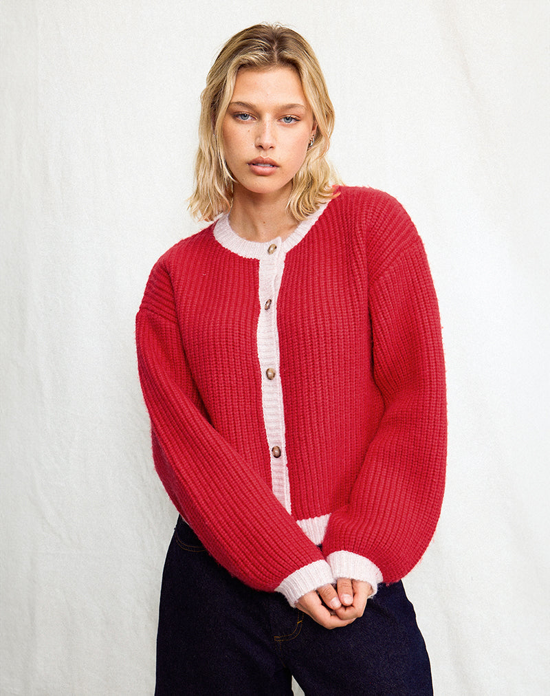 Luciana Contrast Cardigan in Red and Pink