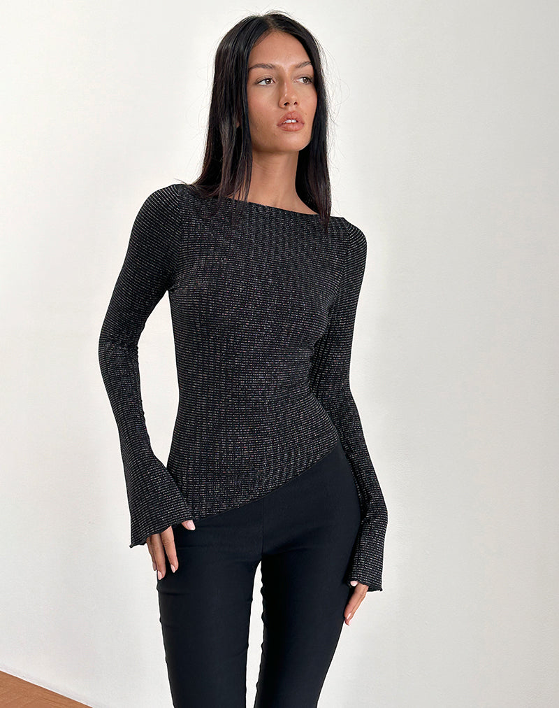 Lukia Long Sleeve Top in Metallic Stripe Jersey Black