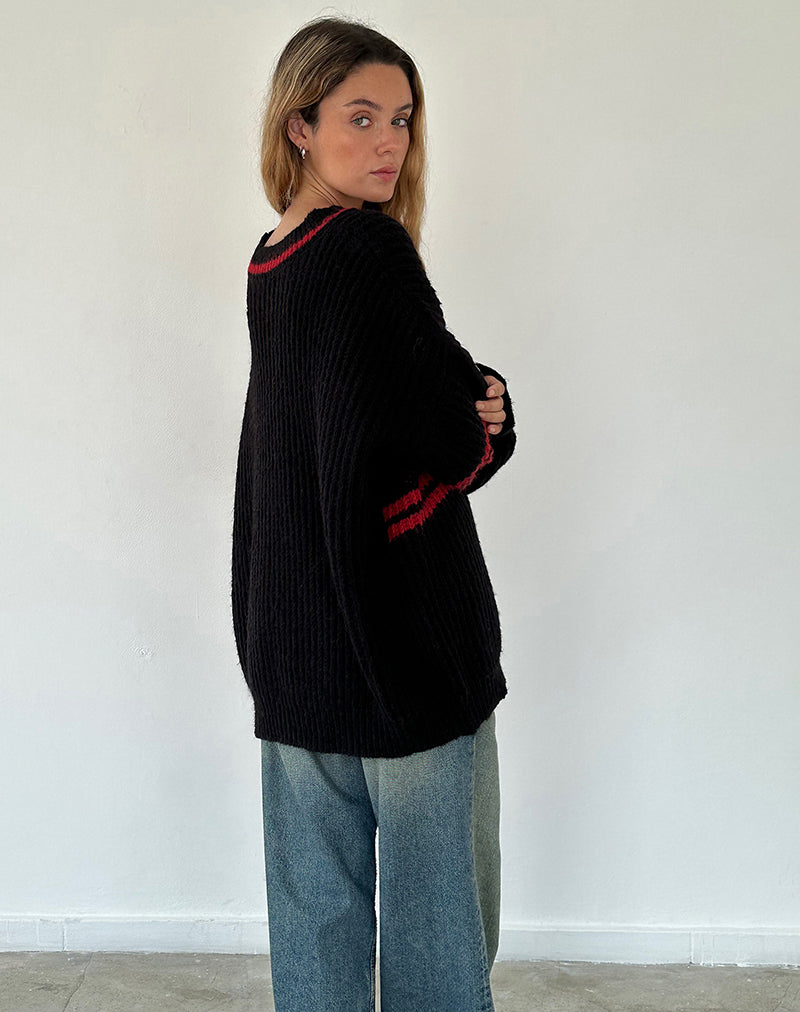 Black with Red Star and Stripe Oversized Jumper Lulees