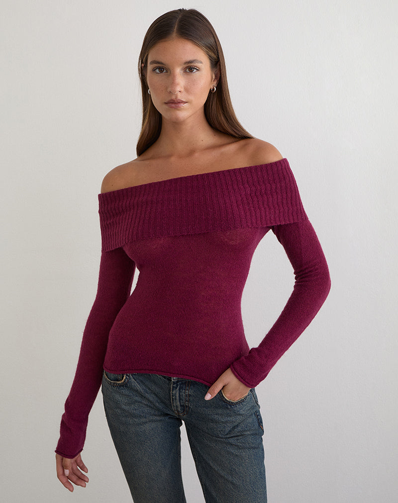 Image of Lune Bardot Jumper in Knit Wine