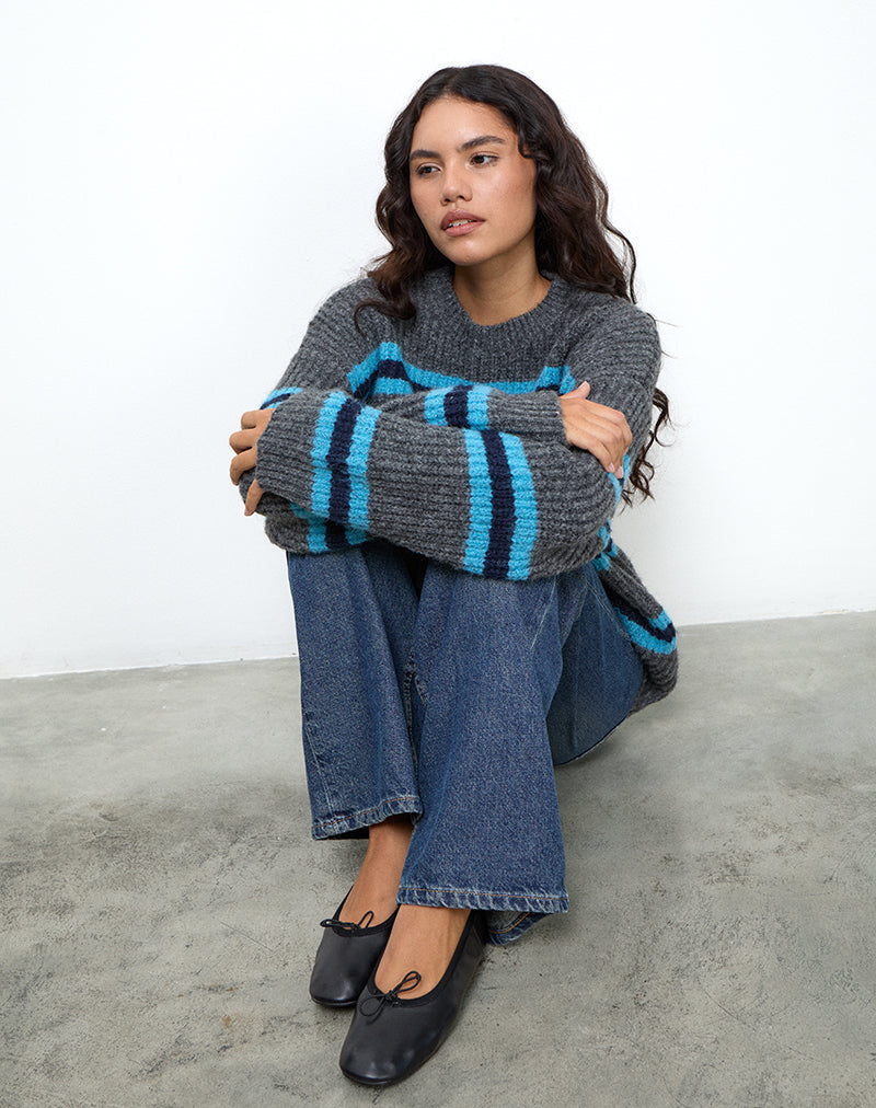 Lunet Knitted Jumper in Stripe Grey and Blue