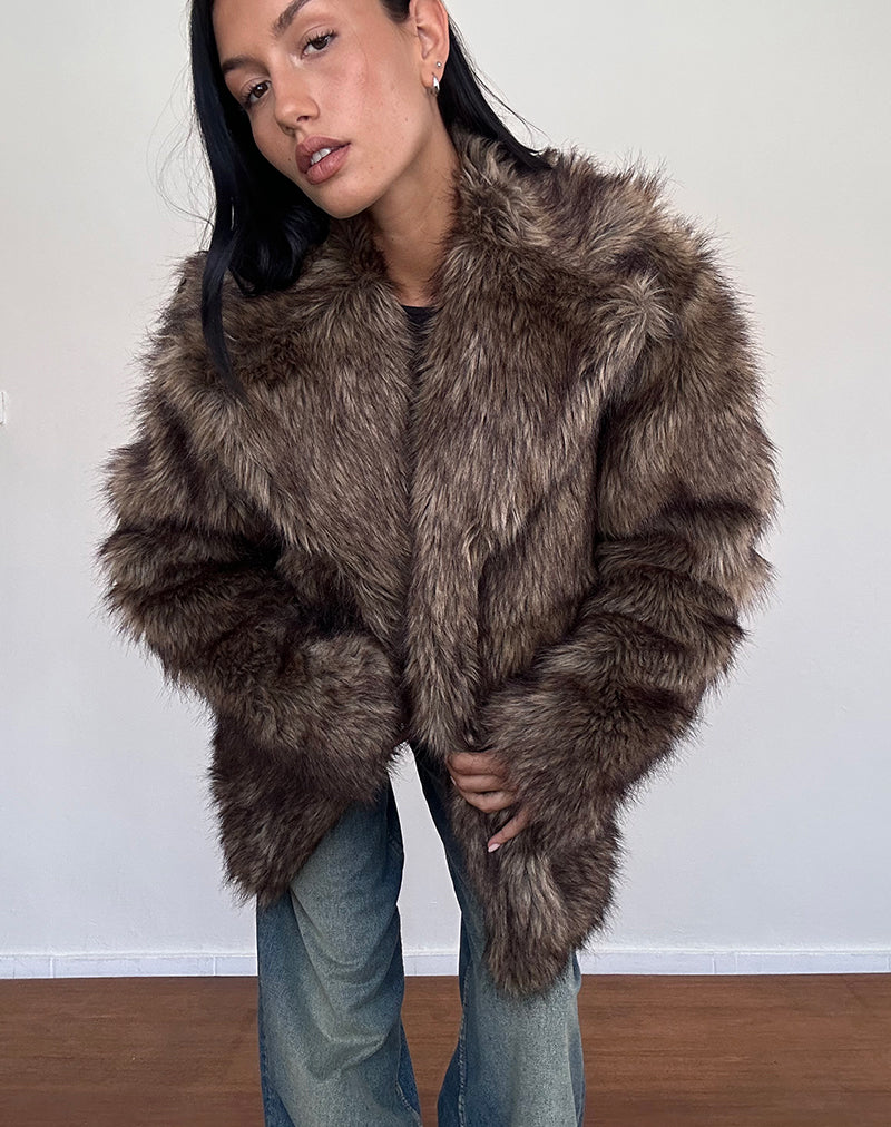 Image of Lupita Jacket in Faux Long Fur Brown