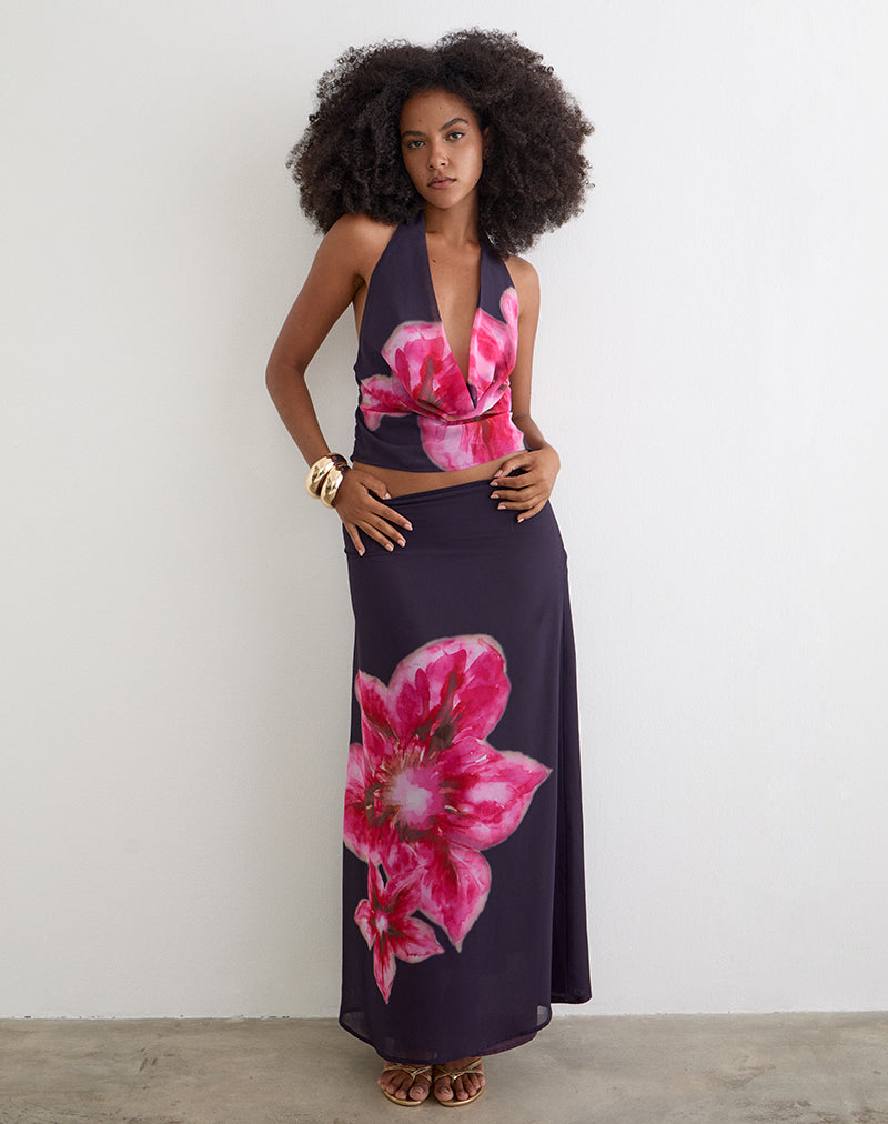 Purple Chiffon with Desert Flower Cowl Halterneck Top | Bujau