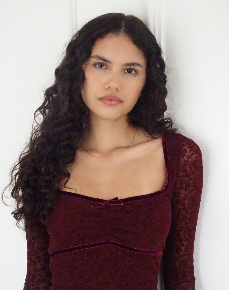 Image of Luth Mini Dress in Ditsy Flocked  Burnt Maroon